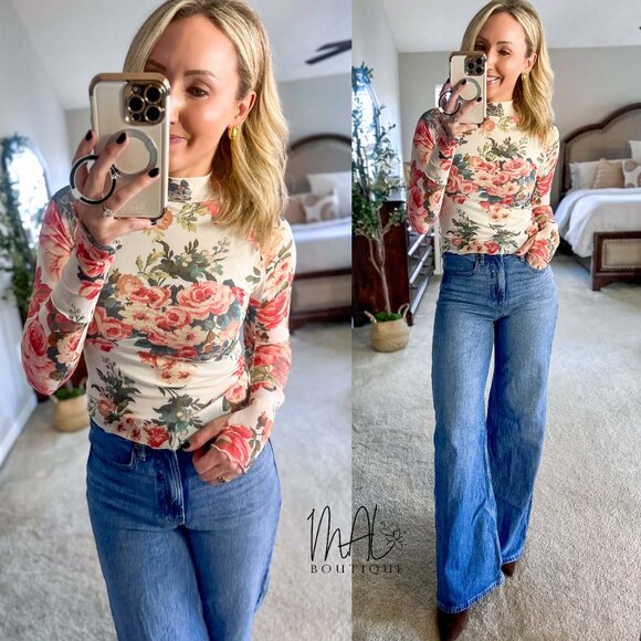 Suzanne Floral-Print Mesh Mock-Neck Thumbhole Top | Womens Fall and Winter Shirt - Picture 3 of 9